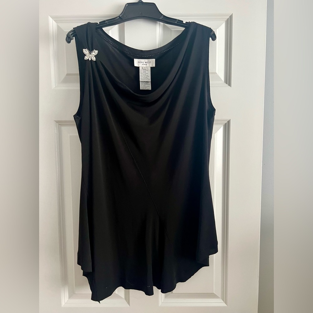 Elegant  Nine West Black Sleeveless Top With Butterfly Broach -No Fade -